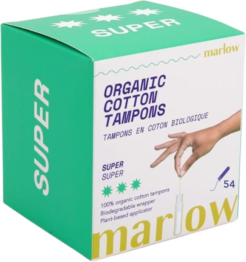 Marlow 100% Organic Cotton Easy Glide Tampons with Compact Plant Based BPA Free Applicator, Chlorine Free, Toxin Free, Hypoallergenic, Dermatologically Tested, Fragrance Free, Super, 54 Count - Image 1